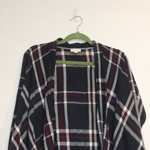 Charming Charlie Blue Plaid Fringe Long Sleeve Open Front Blouse Sz L - Picture 3 of 12